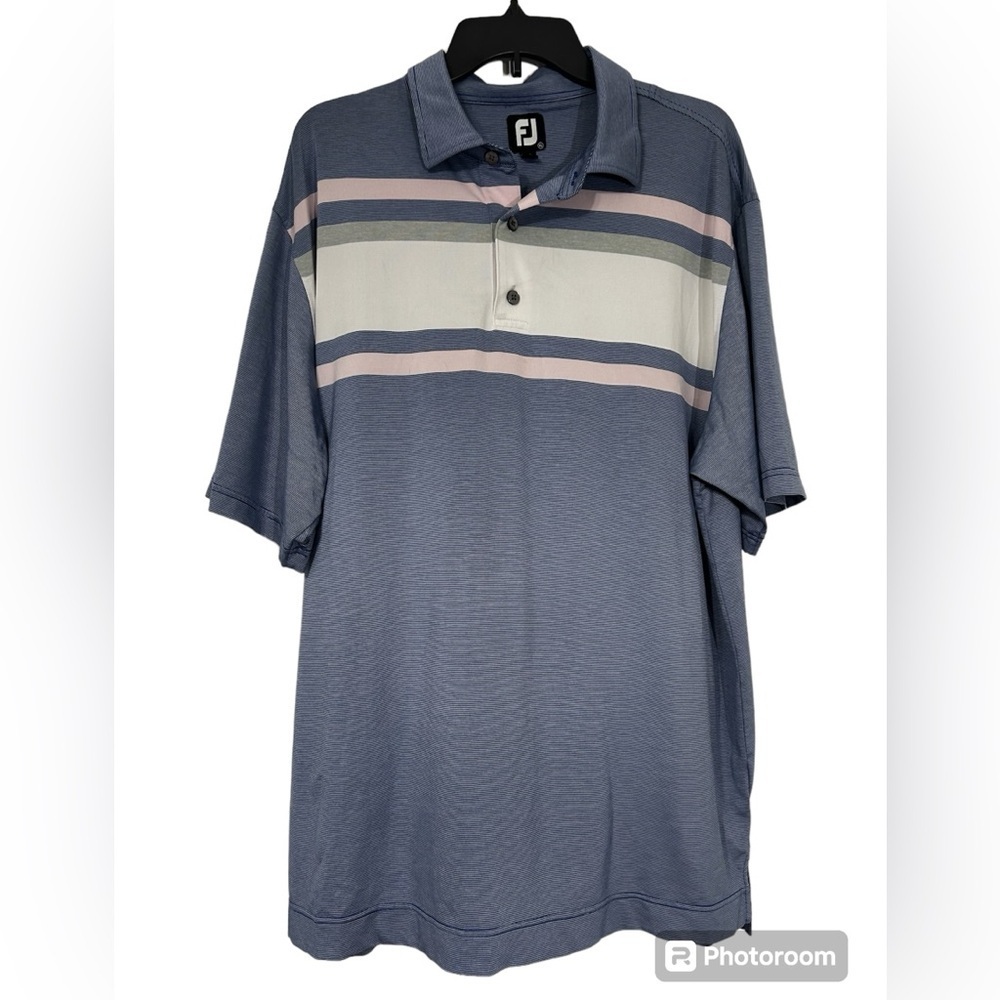 FootJoy FJ Mens Blue White Striped Lightweight Golf Short Sleeve Polo Shirt SzXL